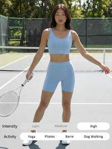 Fluxe 女款灰藍色交叉露背短版上衣，夏季性感健身運動套裝，純色運動服，優雅襯衫，休閒海灘度假穿搭 - 淺藍色 - 查看 9
