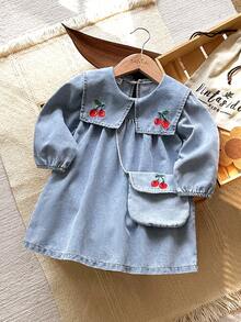 Vintaside Kids Vestido vaquero de manga larga con gran cuello bordado para niñas pequeñas, estilo occidental de primavera y otoño, diseño sencillo y lavado, adecuado para clima templado, muy apropiado para mantener cálida a la bebé en los meses frescos. El diseño es práctico y a la moda, apto para el uso diario. - Lavado ligero - Ver 3