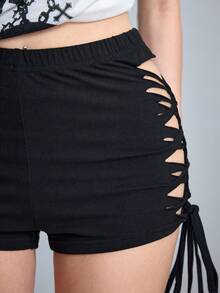 ROMWE Women's Side Ripped Drawstring Tie Waist Skinny Mini Shorts - Black - View 6