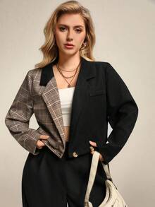 Juhart Plus Size Women's Fashion Contrast Plaid Print Suit Set - Black - View 5