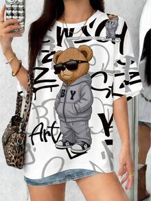 INAWLY 女士休闲熊与字母印花宽松圆领白色 T 恤，夏季 - 彩色 - 查看 1