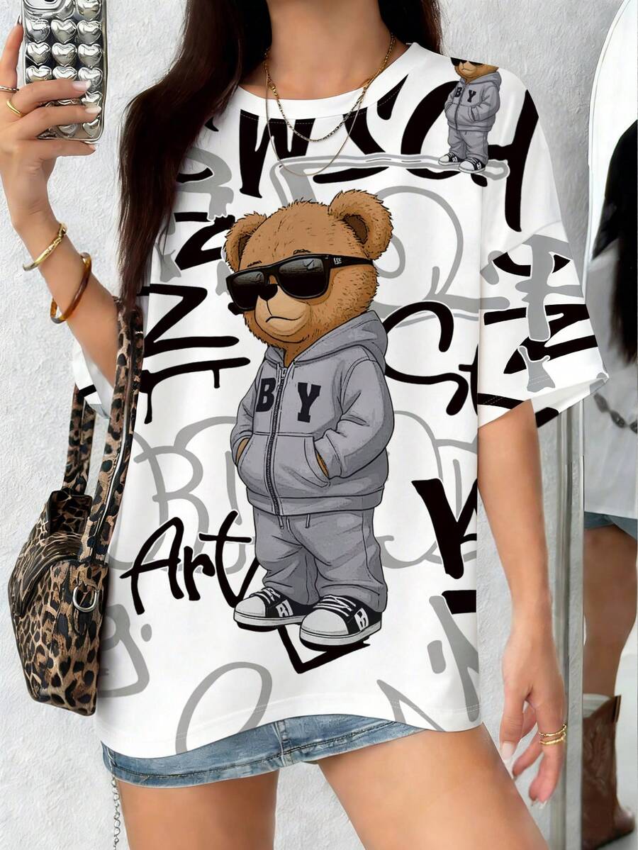 INAWLY 女士休闲熊与字母印花宽松圆领白色 T 恤，夏季 - 彩色 - 查看 1