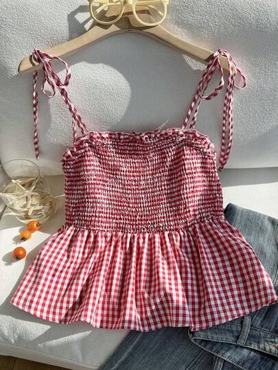 Comfortcana Plus Size Summer Vacation Ruffled Red Plaid Pinafore Camisole & Camisole
