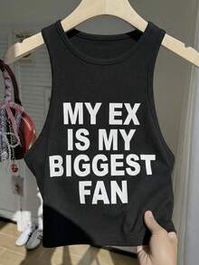 Comfortcana Plus Size Casual Slogan Print Sleeveless Round Neck Tank Top, Spring/Summer - Black - View 7