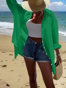 EMERY ROSE 2025 Plus Size Women Sequin Embellished Casual Shirt Dress Fall - Green - View 2