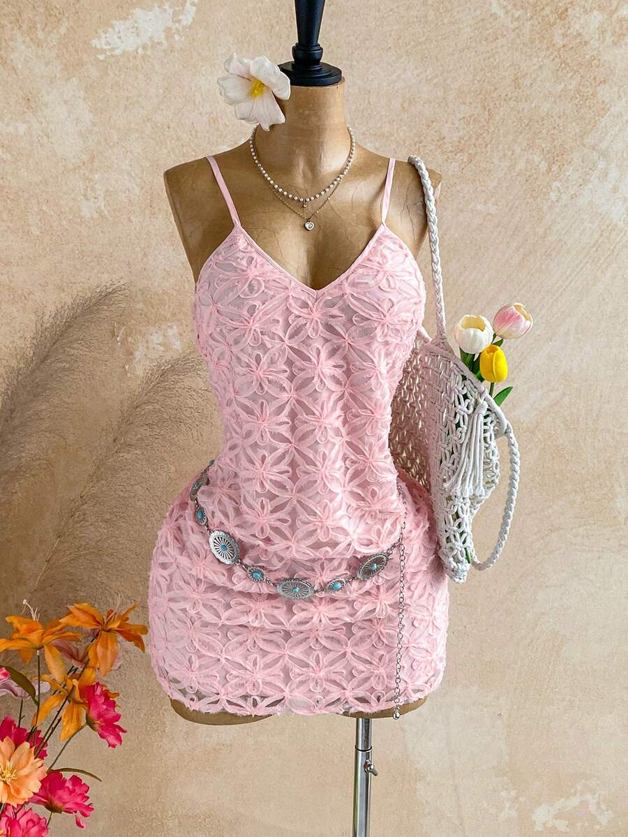 Soleia Vestido de tirantes con textura floral y drapeado para mujer - Rosa - Ver 1