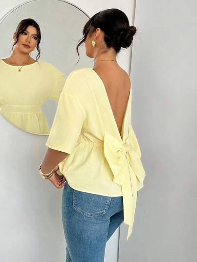 Firerie Plus Size Summer Casual Solid Color Tie-Waist Backless Bow Decor Shirt Women Casual Outfits Womens Tops For Summer Womens Tops And Blouses Women Spring Outfit