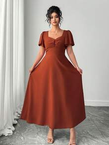 Elenzga Plus Size Women's Solid Color Sweetheart Neck Casual Spring/Summer Vacation French Retro Elegant Commuter Dress - Coral Orange - View 8