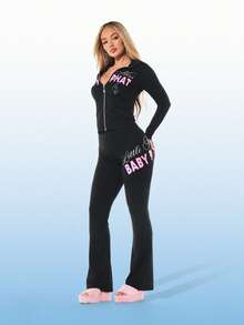 BABYPHAT Women Little Pink Slogan Jersey Flare Leg Black Leggings Retro Streetwear Bottom Casual Fall Winter Y2K Style - Black - View 6