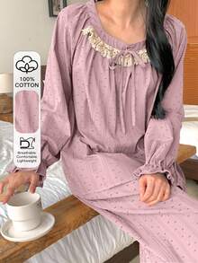 DAZY 2pcs Sweet Polka Dot Textured Fabric Contrast Ruffle Trim Petal Sleeve Women Pajama Set, Spring - Pink - View 3