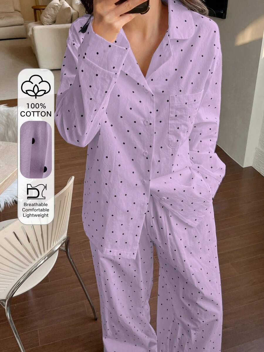DAZY Set 2 Potong Kardigan Lengan Panjang Motif Polkadot dan Celana Panjang Piyama, Pakaian Tidur Musim Semi Wanita - Mauve Purple - View 1