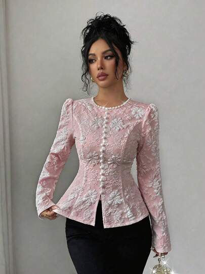 Elenzga Women's Jacquard Fabric New Spring/Autumn French Unique Chic High-End Luxurious Elegant Youthful Versatile Elegant Exquisite Graceful White Blouse, With Round Collar Pearl Decor, Front Button Placket, Slit Hem Design, Suitable For 20-35+ Women For Gatherings, Parties, Daily Commute, Graduation Season (Random Print)