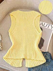 Resyla 女士百搭简约时尚浅黄色V领优雅女士通勤修身背心 - 淡黃色 - 查看 2