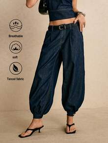 Poéselle Women's Casual Daily Commute Low Waist Side Pockets Tapered Leg Jeans Mothers Day Outfit - Dark Wash - View 1