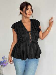 Firerie Plus Size Women's Solid Color Knotted Ruched Casual Elegant Versatile Daily Wear Shirt Date Night Black Summer - Black - View 8