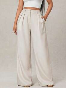 Radiana Women's Summer Minimalist Loose Khaki Wide Leg Pants, Comfortable Linen Trousers, Office Wear Pants, Khaki Wide Leg Pants, High Waist Wide Leg Pants, Khaki Suit Pants, High Waist Pants, Women's Long Pants - Khaki - View 4