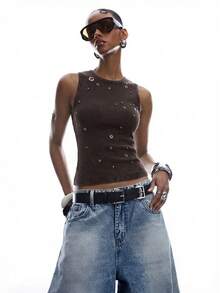 LYSMO 2026 New Minimalist Sleeveless Hollow Round Neck Coffee Brown Tank Top For Women, Spring/Summer - Coffee Brown - View 3