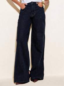 SHEIN BAE Casual Indigo Denim Low-Waist Side Slit Boyfriend Style Wide Leg Jeans, Suitable For Daily Wear, Leisure, Commute, Elegant Gatherings, Hangouts With Friends - Dark Wash - View 2