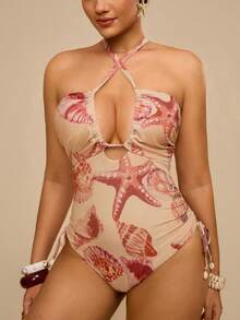 Travachic Áo tắm liền thân hở lưng, cổ yếm, họa tiết vỏ sò màu cam hồng, kiểu dáng gợi cảm, thích hợp cho kỳ nghỉ nhiệt đới, cổ chữ V sâu và có dây rút ở eo, giúp thon gọn vóc dáng, phong cách quyến rũ bãi biển, mùa hè. - Hồng - Xem 4