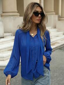 Aveloria Modichic Classic Retro Polka Dot Tie Front Semi-Sheer Blouse, French Style Elegant Business Casual Women  - Royal Blue - View 6