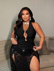 NU&NOW Plus Size Women's Black Summer Halter Camisole Top, Girlism Night Out Rave Club Outfits, High Stretch Asymmetric Decorative Buckle Sleeveless Cami - Black - View 4