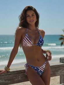 Swim Vcay 26SS Women's Spring/Summer Beach Outfit, Women's Striped & Star Print Halter Backless Sexy Bikini Set, 2pcs - Multicolor - View 7