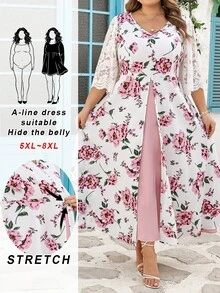 SHEIN CURVE+ Curve 尺码 US22 音乐节、海滨度假、波西米亚风女士粉色印花短袖假日风长连衣裙，适合派对、婚礼和度假 - 粉色 - 查看 7