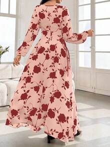 Al Najma Round Neck Lantern Sleeve Side Drawstring Dual-Color Print Dress - Red - View 3
