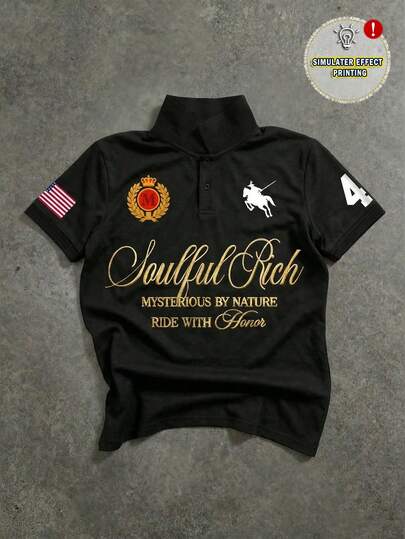 Manfinity EMRG Camisa polo de manga corta negra para hombre, de uso diario y casual, con bordado de letra, bandera estadounidense, número y estampado de caballero, para el verano