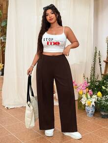 Enliva Plus Size Women's Solid Color Minimalist Straight Leg Casual Pants/ Winter, For Apple And Rounded Body Shape - Coffee Brown - View 4