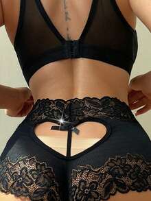 SHEIN Ropa interior de una pieza con encaje sexy y abertura en la entrepierna para mujer - Negro - Ver 2
