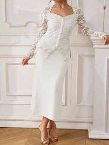 Modelyn Robe moulante à manches longues pour femmes, col en cœur, patchwork en dentelle, taille avec boutons, couleur unie, grande taille - Blanc - Voir 6