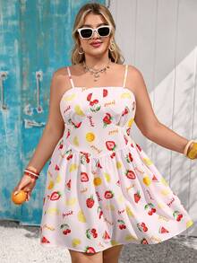 Vivid Eden Plus Size Women's Strawberry & Pineapple Fruit Print Pink Camisole Dress,Cute Summer Boho Beach Holiday Vacation Outfit,Picnic Fruit Print Dress - Pink - View 4