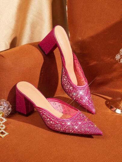 CUCCOO TILAWA Women's Fashionable Party Rhinestone Chunky Heel Pumps