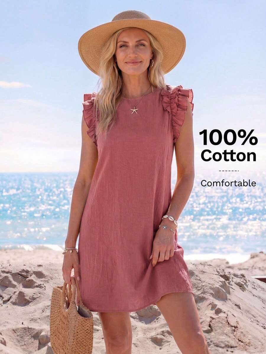 Sylviya Vacation Woven Solid Color Ruffle Trim Bodycon Mini Dress For Women,Pink Dress - Pink - View 1