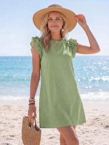 SHEIN LUNE Vestido mini ajustado con volantes de unicolor tejido para vacaciones - Verde - Ver 5
