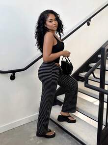 Alexandranx 女士新款超低腰黑色条纹裤，秋冬款 - 黑色 - 查看 5