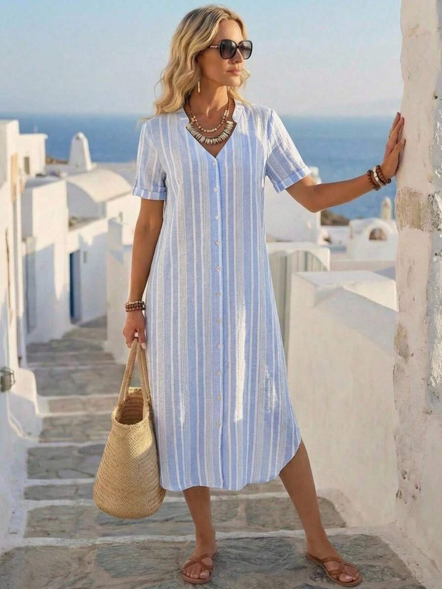 EMERY ROSE 女士条纹短袖单排扣休闲中长连衣裙 - 藍白色 - 查看 1