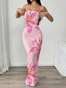 INAWLY Women's Floral Print Strapless Fitted Elegant Dress, Suitable For Vacation - Multicolor - View 5