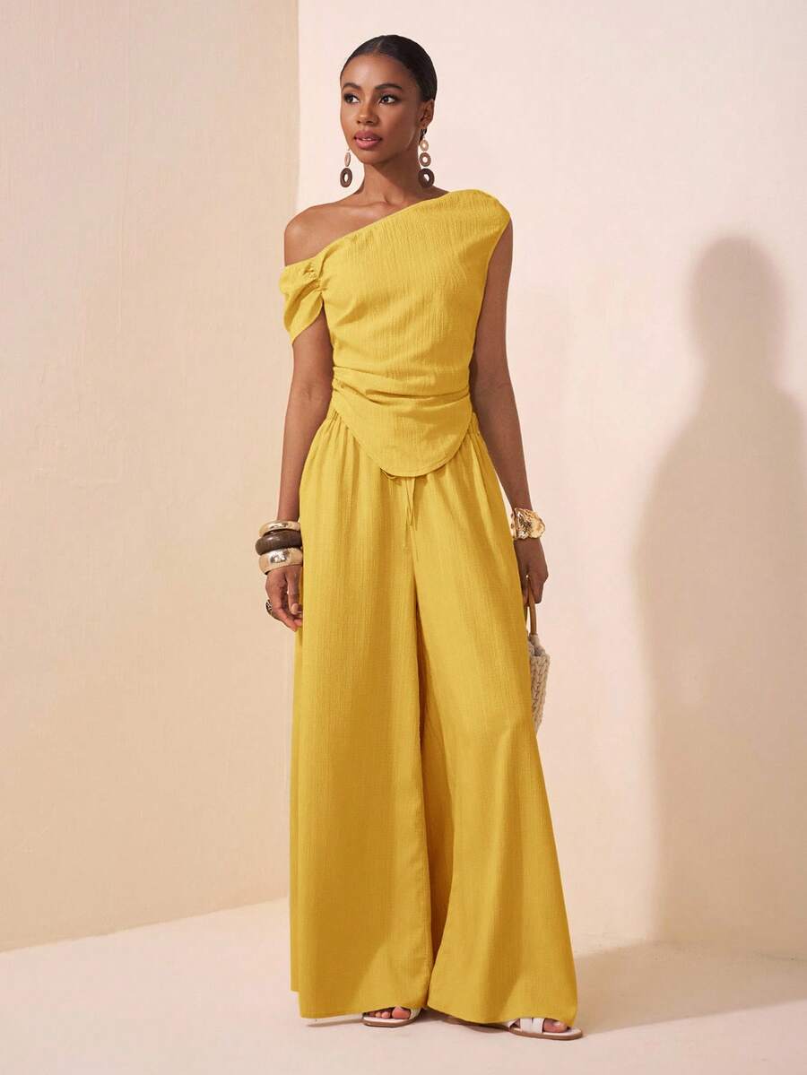 Zivah Mustard Yellow,Summer,Casual,Vacation,Holiday Women 2-Piece Textured Fabric Set Asymmetric Shoulder Ruched Cropped Top And Wide Leg Pocketed Pants