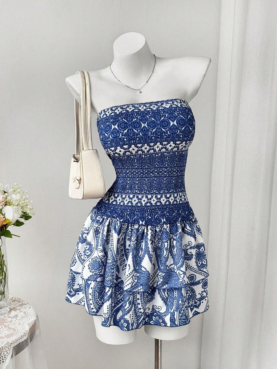 Sweetra Nuevo vestido bohemio de verano con estampado, cintura ceñida y escote sin tirantes - Azul - Ver 1