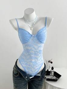 Flirla Women's Casual Summer Vacation Blue Sheer Sexy Lace Bodysuit Tops For Women Summer Cute Lace Cami - Baby Blue - View 3