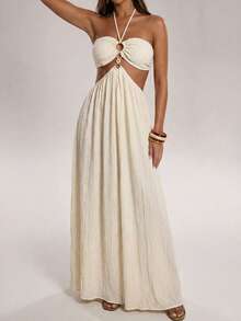 SHEIN BAE 女士休闲度假前后镂空环饰露背吊带纹理连衣裙，沙滩度假连衣裙，沙滩，度假，旅行，姐妹出游浅黄色纹理连衣裙 - 杏色 - 查看 5