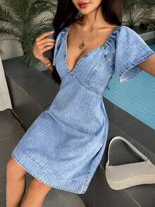 SHEIN Đầm denim nữ kiểu dáng thường ngày với tay áo raglan ngắn và họa tiết kẻ sọc. - Màu xanh lam - Xem 3