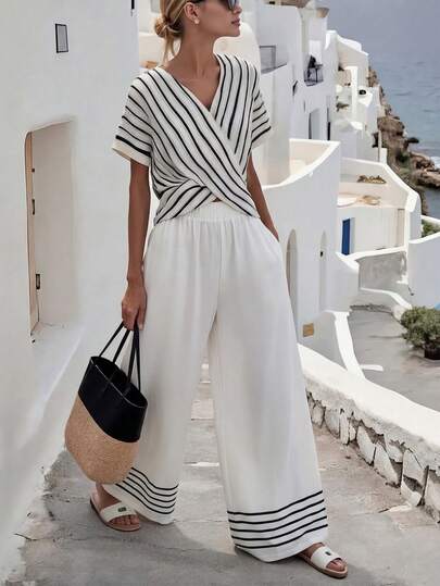 Wandoria 条纹印花简约优雅休闲喇叭裤，适合工作、外出和度假穿着。