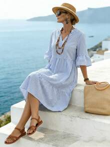 Linhara CURVE Plus Size Striped Simple Pleated Design Dress For Women - Blue - View 1