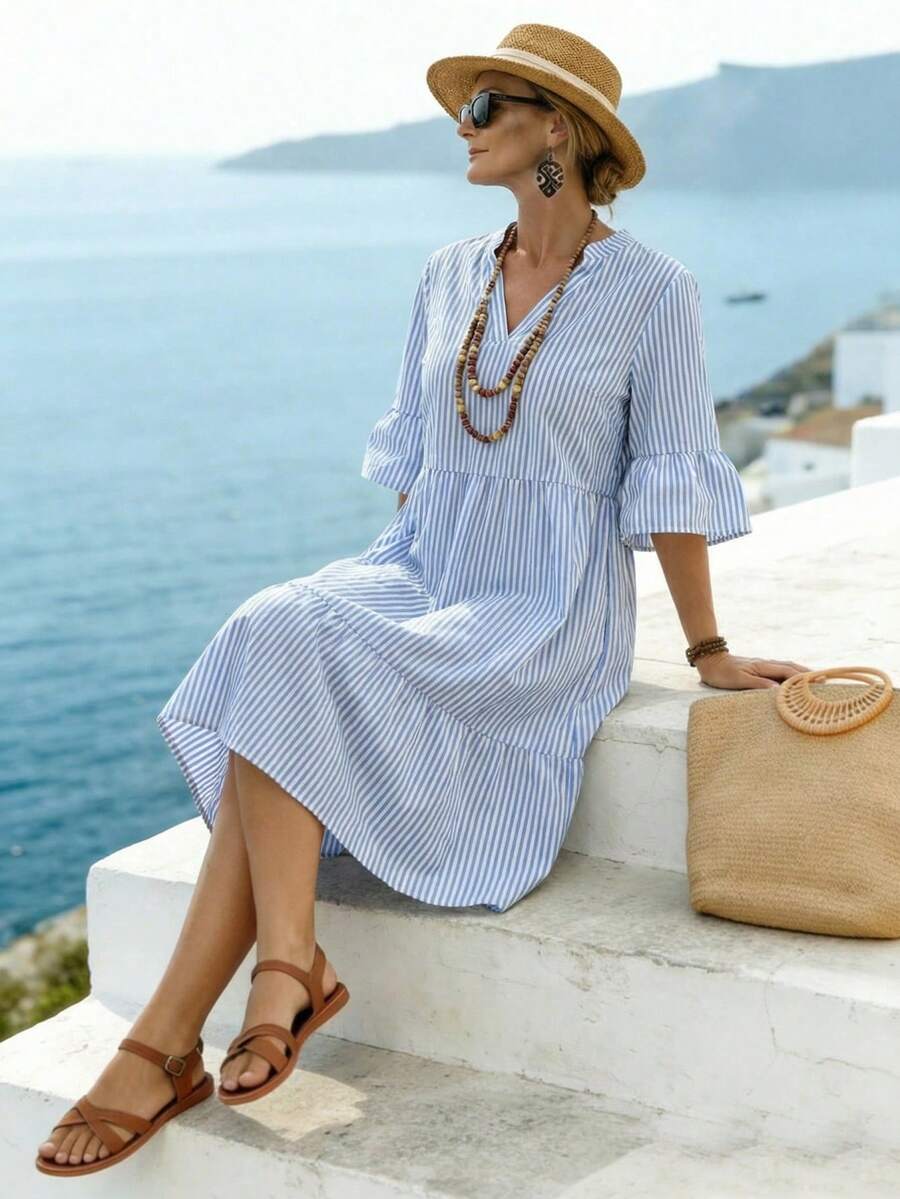 Linhara CURVE Plus Size Striped Simple Pleated Design Dress For Women - Blue - View 1