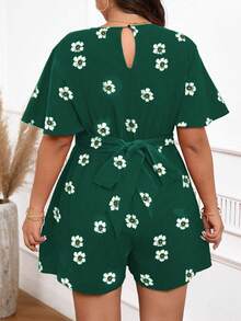 EMERY ROSE Pantalones cortos casuales y elegantes con estampado floral, cuello en V y cintura con cordón para mujer talla grande, primavera/verano - Verde Oscuro - Ver 2