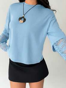 Aloruh Kaos Wanita Kasual Polos Kerah Bulat Pas Badan dengan Hiasan Renda Manis - Baby Blue - View 5