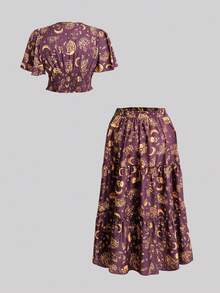 Sweetra 新款春夏秋三季印花荷叶边袖V领系带上衣搭配褶裥长裙两件套 - 彩色 - 查看 2